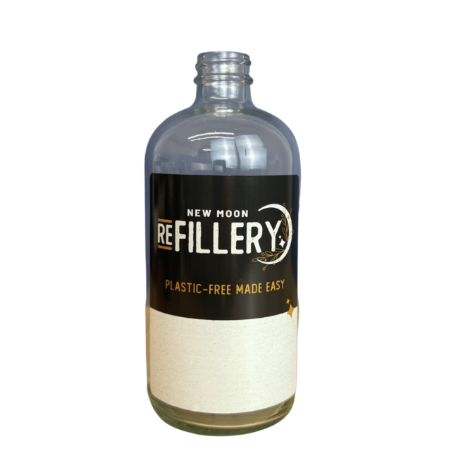 16oz clear glass bottle with New Moon Refillery label