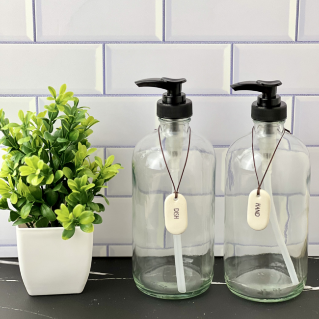 Two clear glass bottles with pump tops next to a small green plant