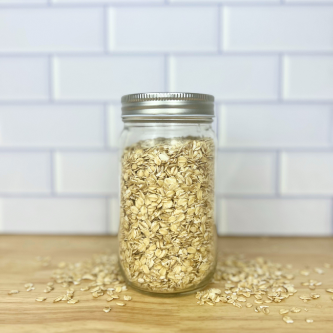 rolled oats in a clear mason jar